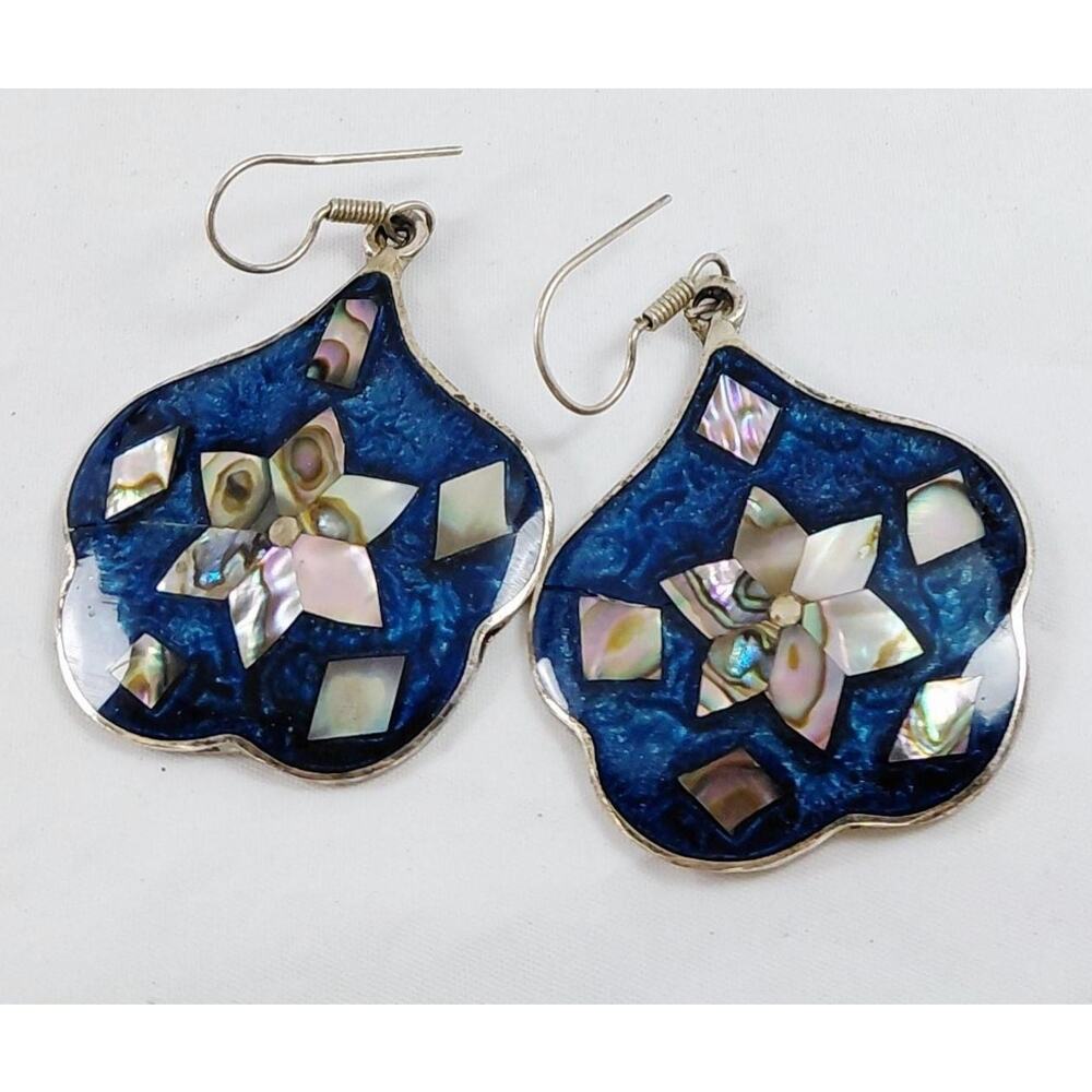 Vintage Abalone Shell & Deep Blue Mosaic Inlay Dangle Earrings - Picture 8 of 10